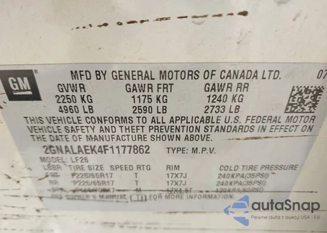 2015 Chevrolet Equinox Ls z USA, uszkodzony, nr VIN 2GNALAEK4F1177862